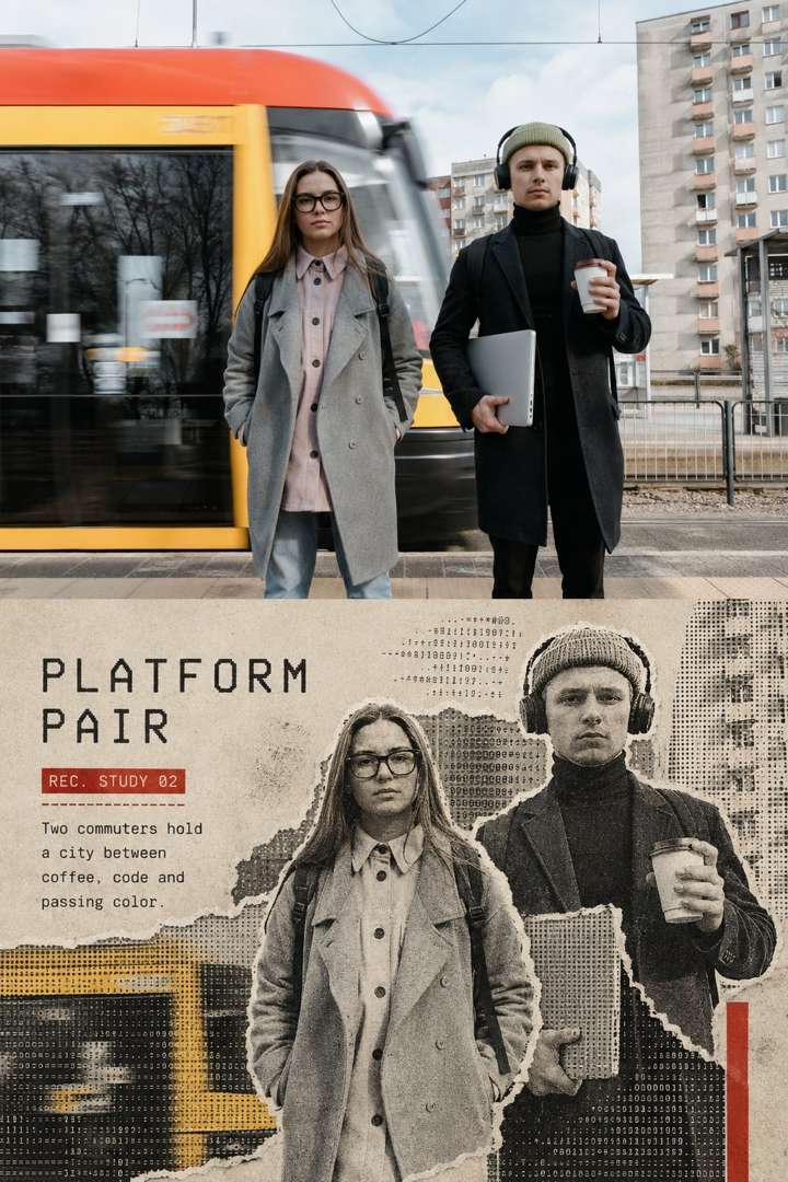 原帖效果图二：撕纸拼贴与复印颗粒质感的候车场景