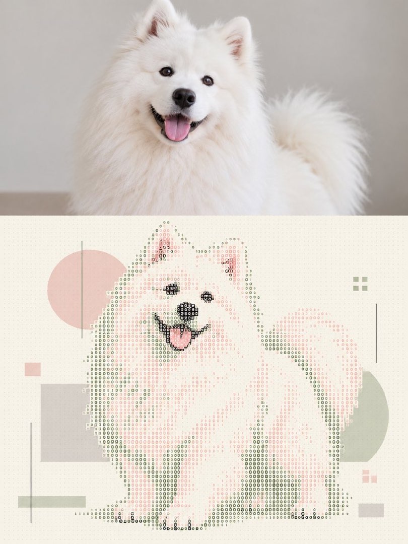 原帖效果图二：萨摩耶犬照片转为数字字符拼成的 IP 形象，几何色块点缀