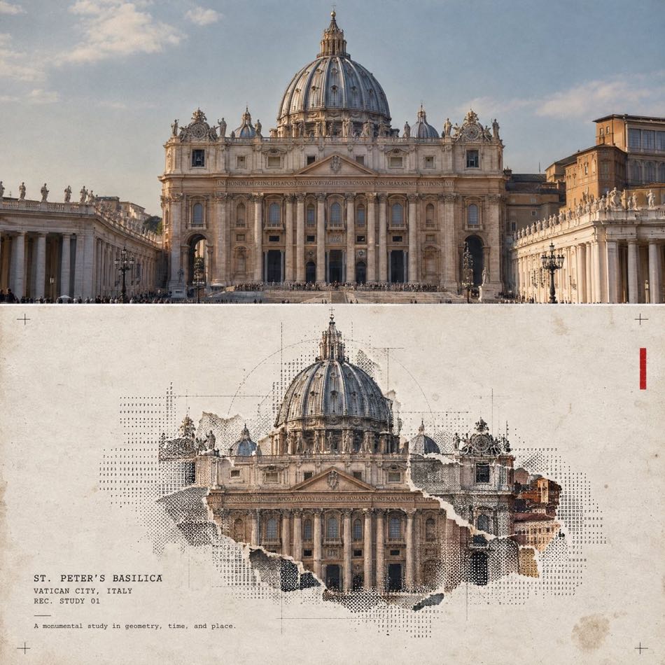 halftone 建筑旅行拼贴海报：单张建筑照片的半调网点旅行拼贴风