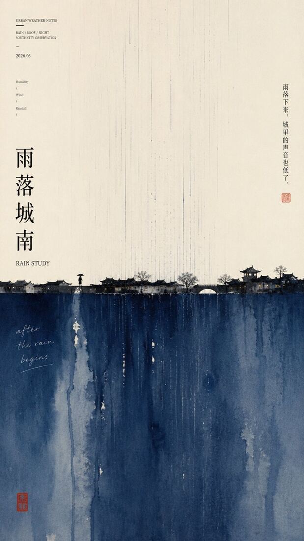 中式极简微地景海报「雨落城南」：群青水岸倒影