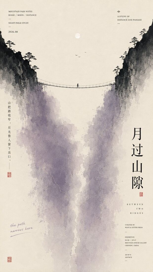 中式极简微地景海报「月过山隙」：峡谷一线天与雾