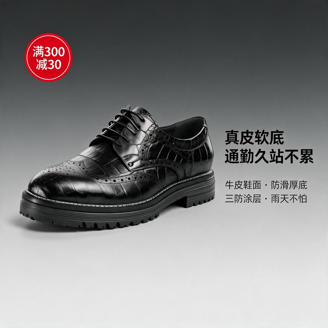 输出样张：皮鞋卖点主图，画面带「真皮软底 通勤久站不累」文案与满300减30角标