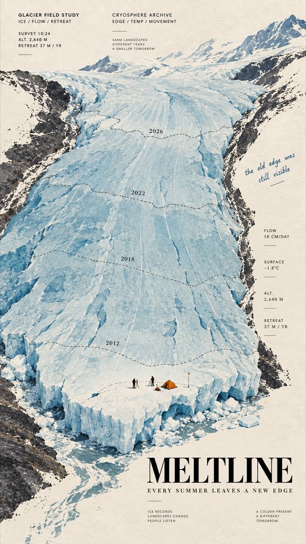 冰川退缩等值线海报，标注 2012、2018、2026 三条线圈出冰缘消退