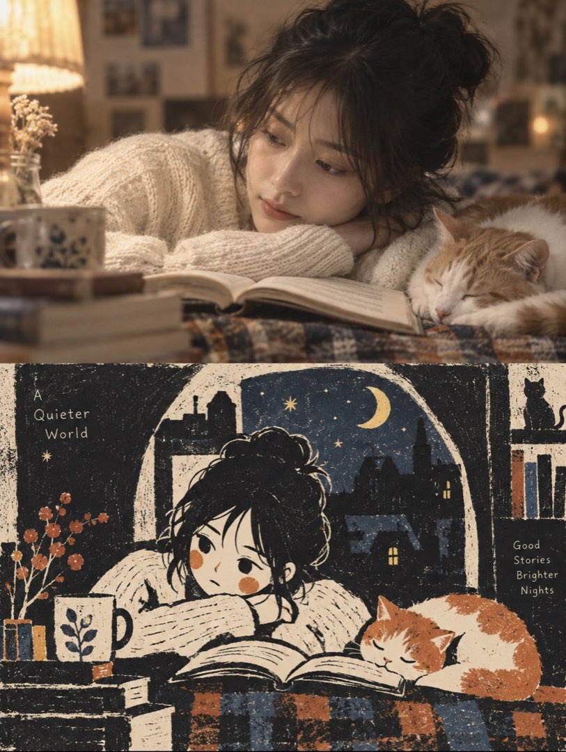 童话版画绘本风对照：上为真实照片，下为发光绘本插画版
