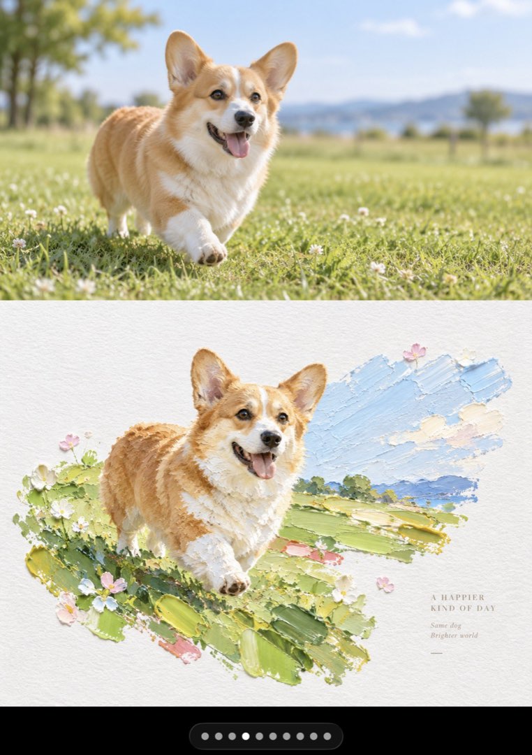 厚涂油画微景观对照：上为柯基草地奔跑实拍，下为同犬厚涂油画版