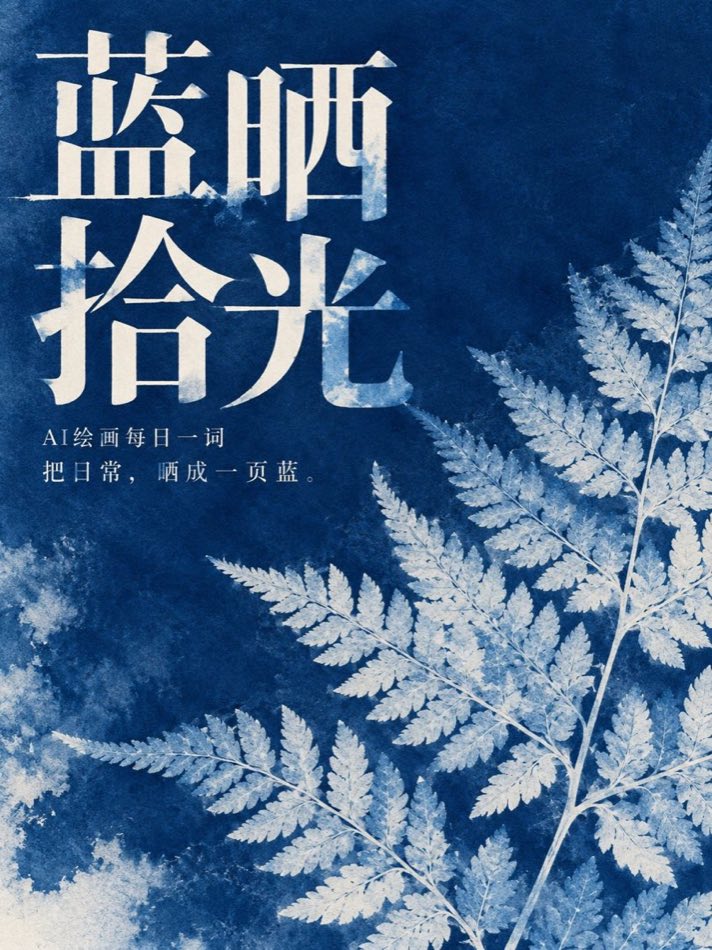 蓝晒印痕海报：深蓝底上的浅色植物标本印痕，3:4 竖版艺术图录风格
