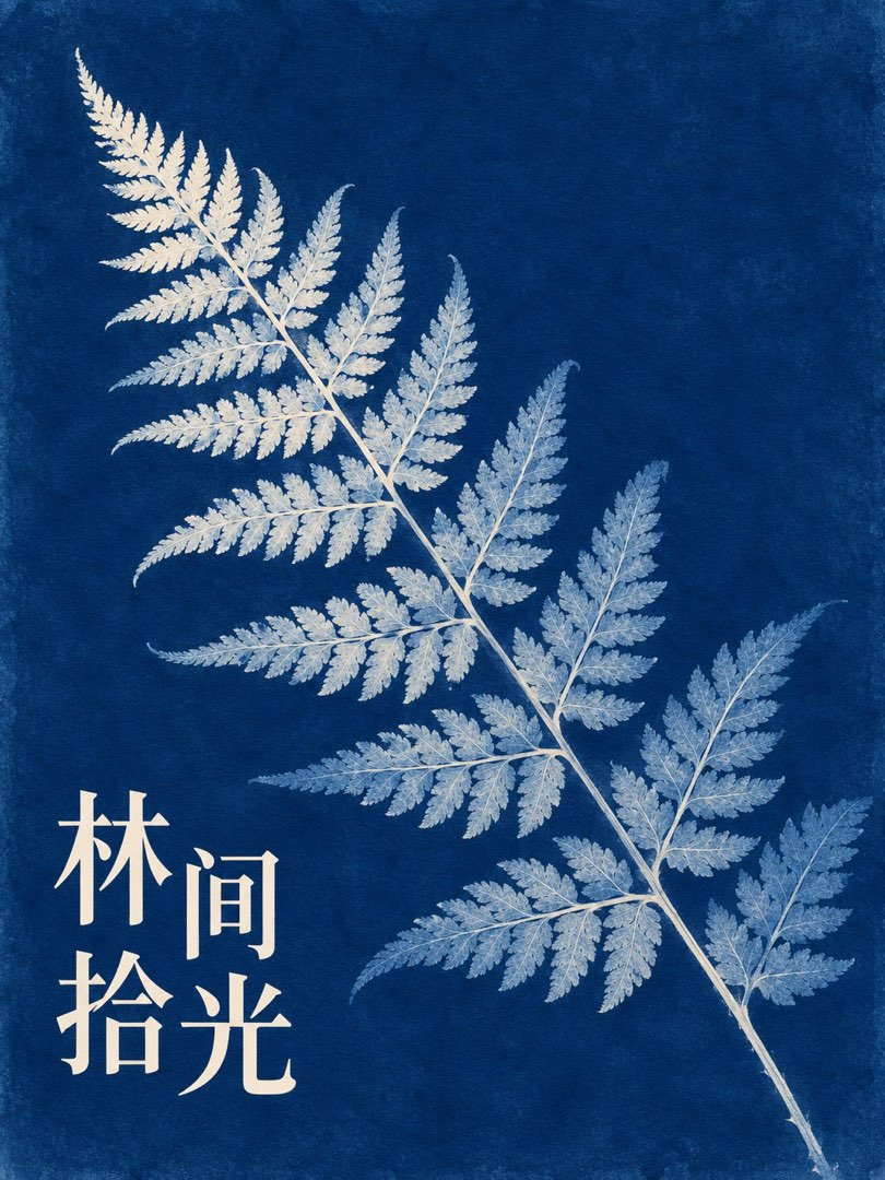 蓝晒印痕海报另一例：蕾丝或羽毛标本的浅色印痕与纸质颗粒
