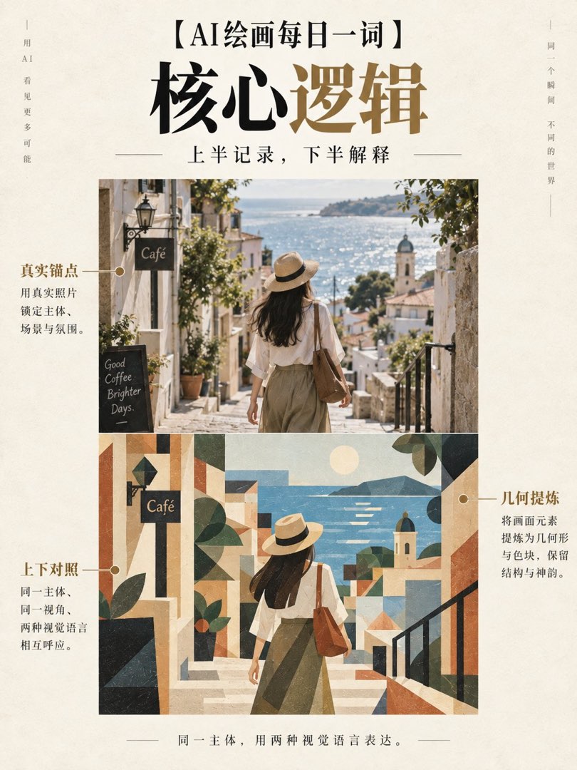 Derek Wen 上下双生核心逻辑示例：上半海边阶梯人物真实照片，下半同一场景几何化平涂对照