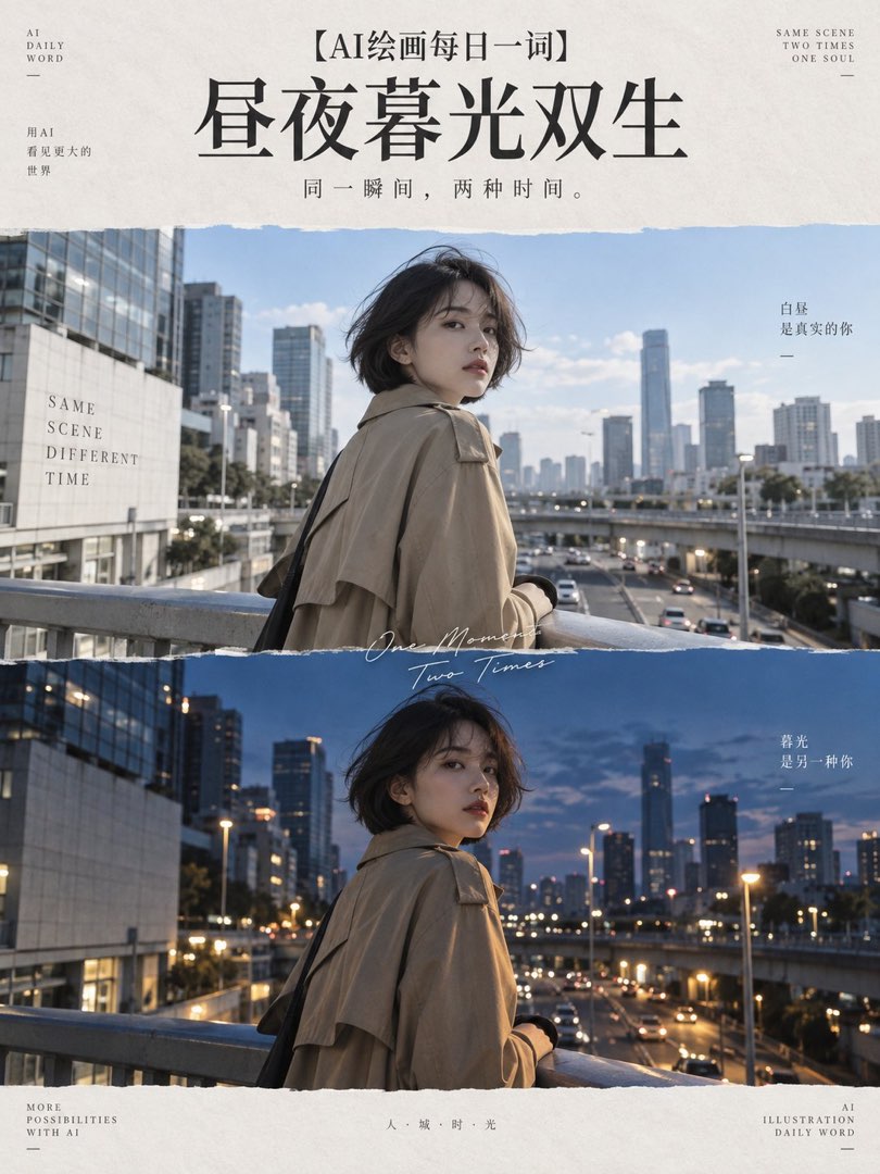 昼夜暮光双生示例：城市天桥回眸女生，上半白昼蓝天，下半蓝调暮色车流灯光