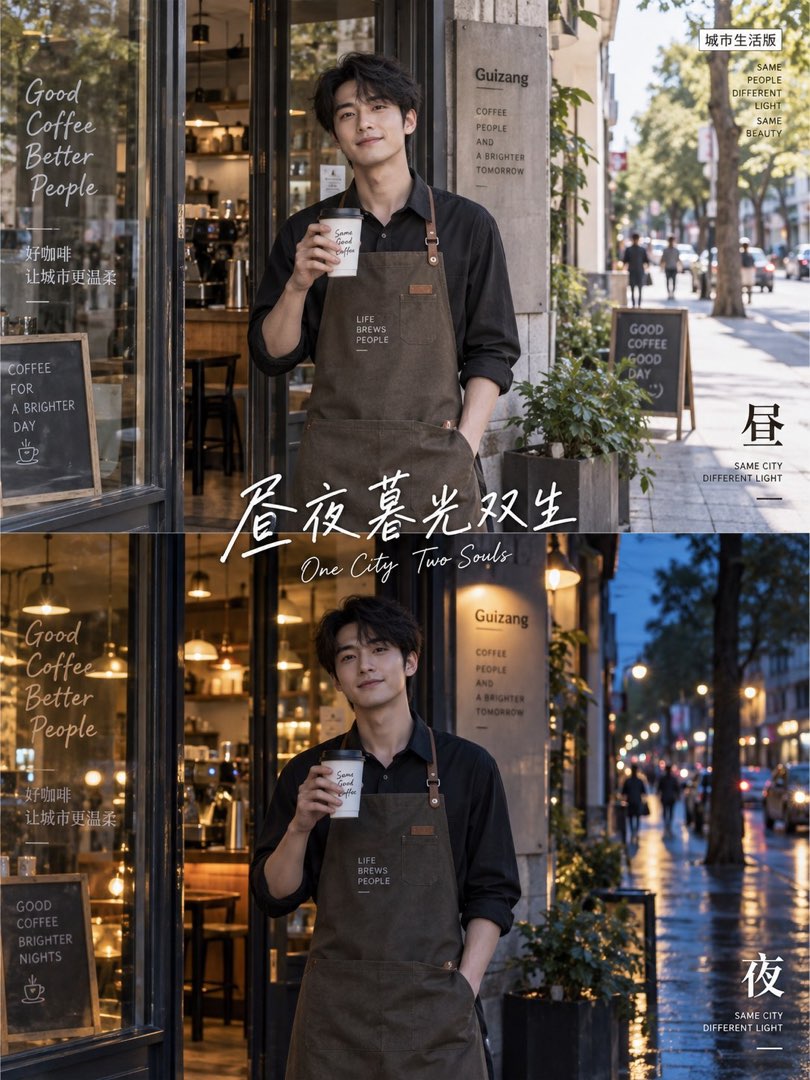 昼夜暮光双生示例：咖啡店门口咖啡师，上半白昼街景，下半夜晚湿漉路面暖灯