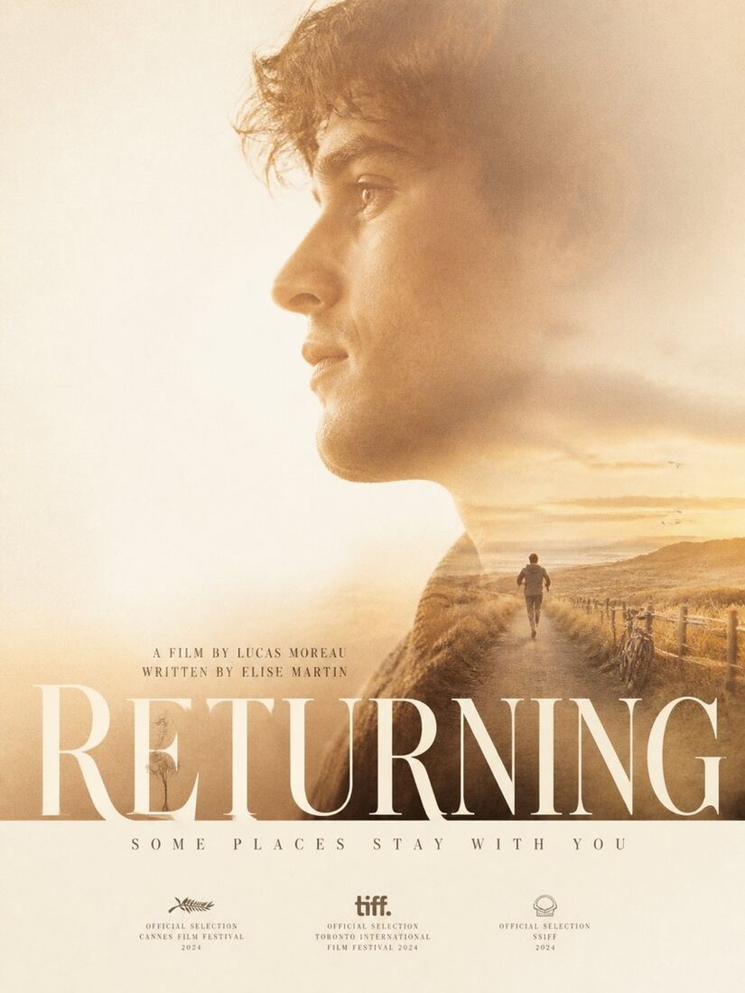 双重曝光电影海报：回望人影与暮色城市叠影（RETURNING）