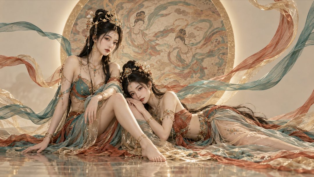 敦煌飞天美学人像成片：两位东亚女性的双人构图，浅米白极简摄影棚，柔和暖调光影（横版）