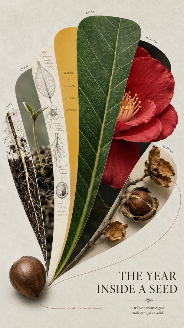 以种子为圆心的植物图鉴扇形海报，扇骨标注 ROOT 与 STEM，金色扇面按 SPRING、SUMMER、AUTUMN、RETURN 排列