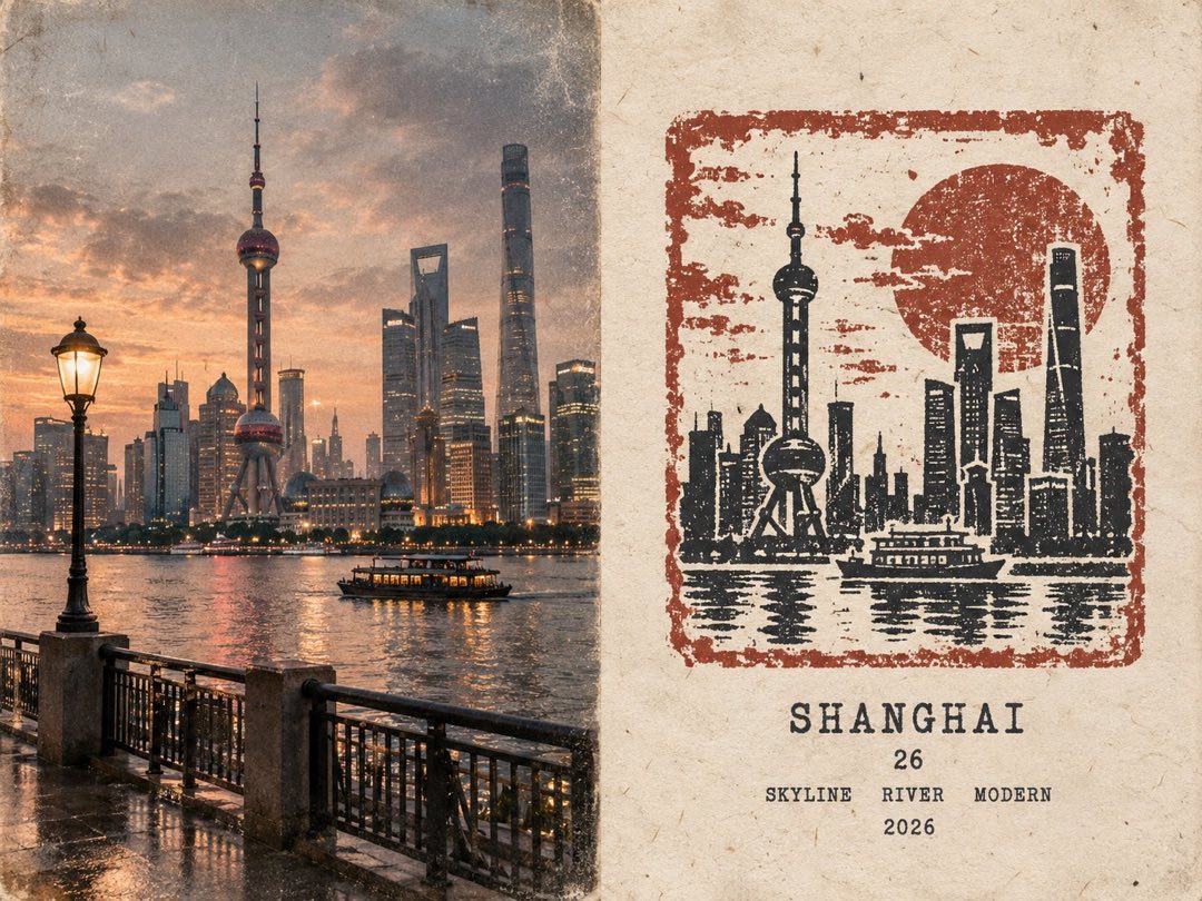 对分旅行日志海报：左半黄昏外滩天际线实拍，右半红黑双色橡皮章天际线版画，打字机文字块 SHANGHAI、26、SKYLINE RIVER MODERN、2026
