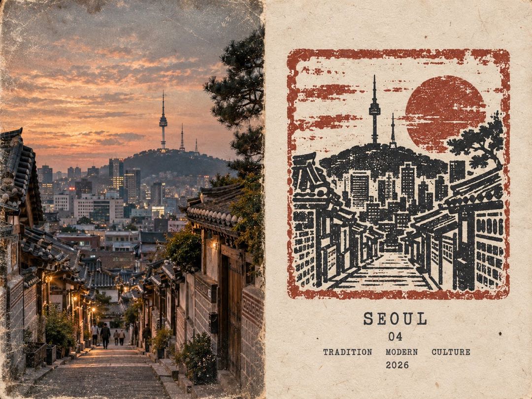 对分旅行日志海报：左半北村韩屋村石阶路实拍，远处N首尔塔，右半橡皮章韩屋街版画，文字块 SEOUL、04、TRADITION MODERN CULTURE、2026