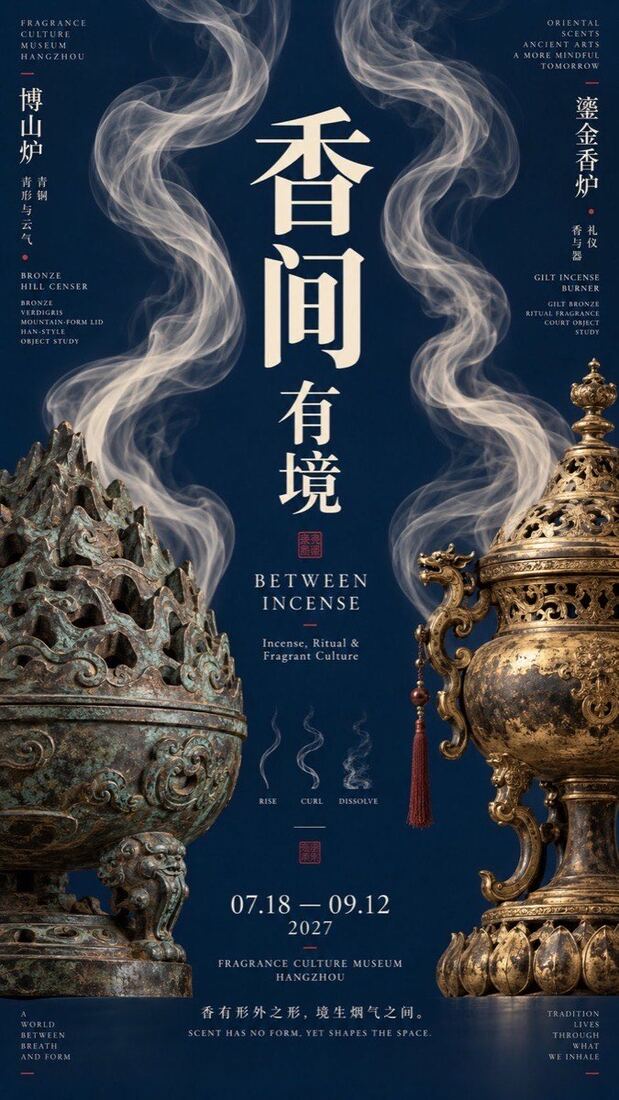 中轴夹景海报「香间有境」：双股香烟回旋环绕中轴