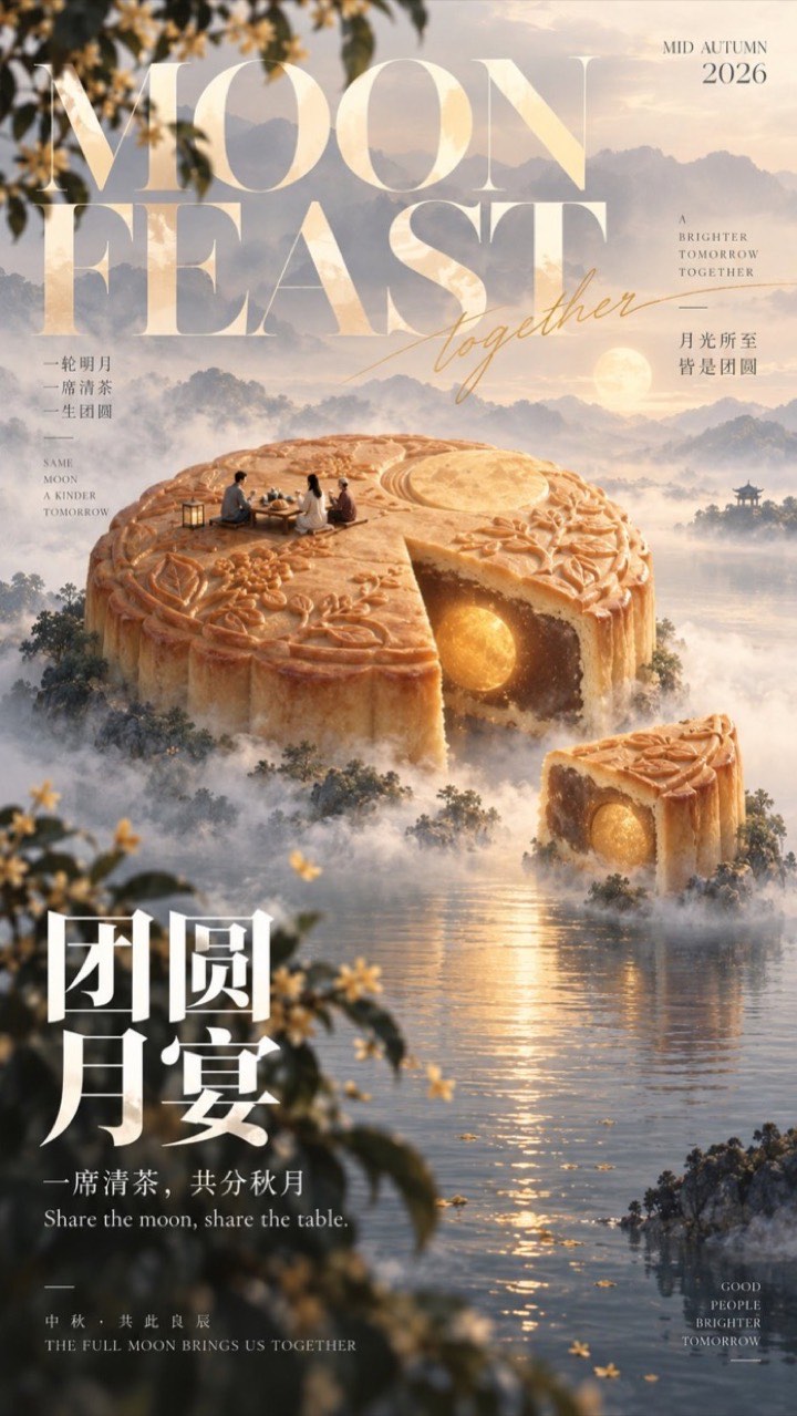 团圆月宴：巨型月饼藏着一轮明月、饼上微型人物分茶的中秋海报