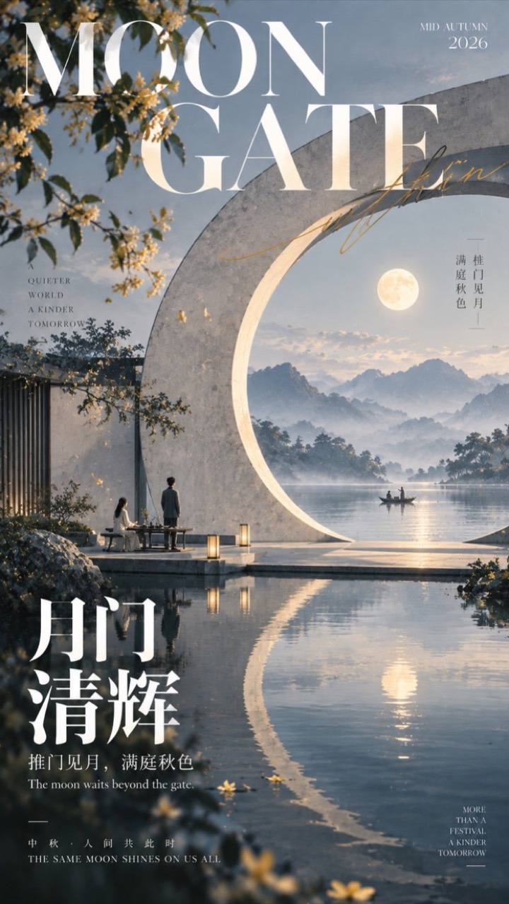 月门清辉：巨大圆门框住明月与秋色、水边小人对照的中秋海报