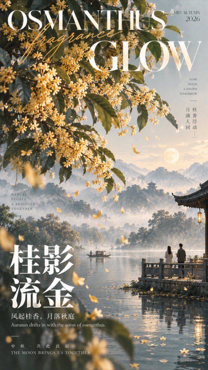 桂影流金：桂花成云、金色花雨落入湖面、水榭小人对照的中秋海报