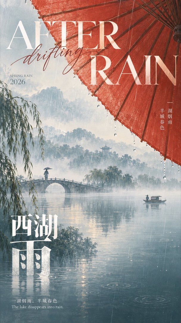 东方诗意海报：西湖雨，朱砂色巨伞切入烟雨湖面的巨物构图