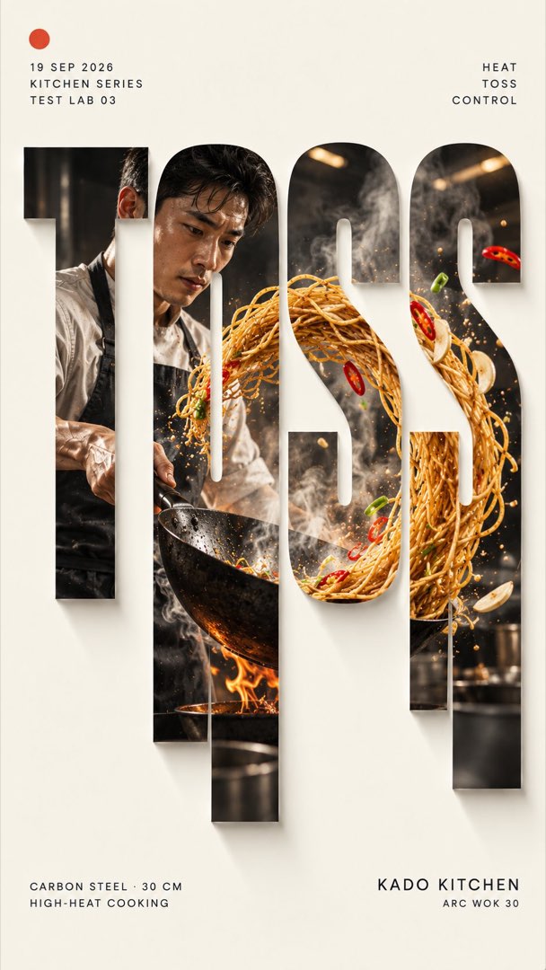 竖切字 TOSS：厨师颠锅火焰面条场景嵌入字母，KADO KITCHEN 餐饮海报
