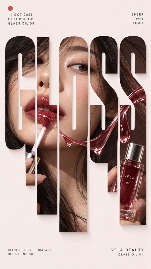 竖切字 GLOSS：唇蜜特写酒红唇釉质感填字，VELA BEAUTY 美妆海报