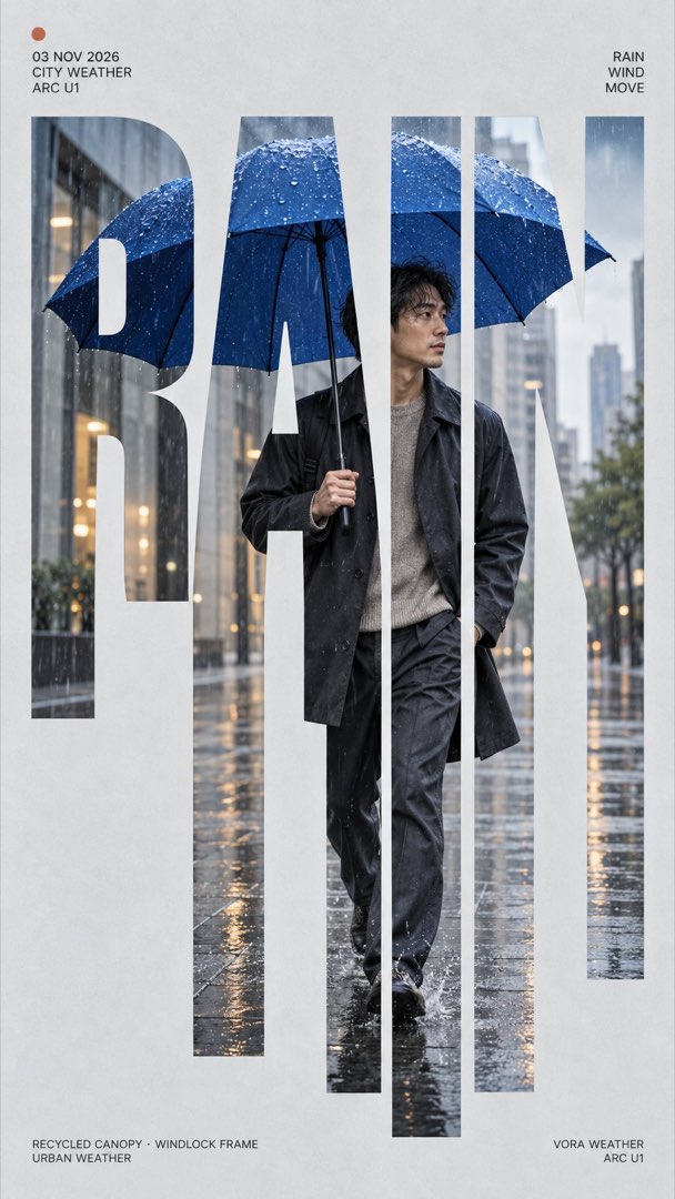 竖切字 RAIN：男生撑蓝伞雨后湿地反光场景嵌入字母，VORA WEATHER 海报