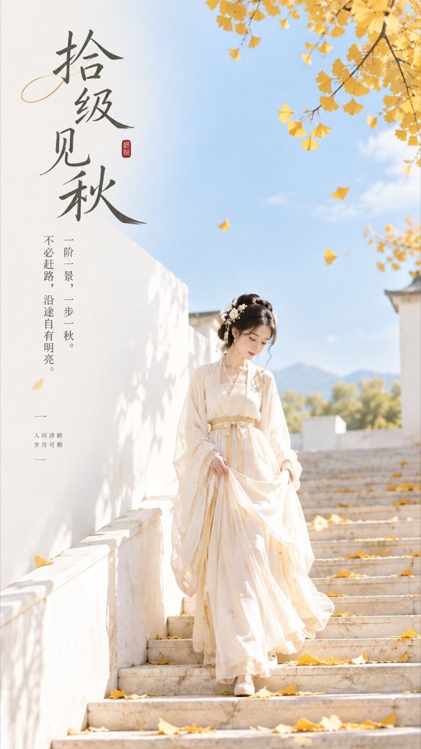 东方禅意极简封面：古风女子站在浅色长阶中段低头扶裙摆，银杏叶点缀，晴空蓝背景，9:16 竖版