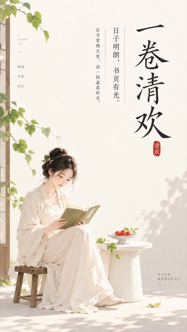 一卷清欢：古风女子坐矮凳安静读书，白色小几上果盘盛番茄红果子，蜜瓜绿叶垂落，竖排书法标题配金句「日子明朗，书页有光」