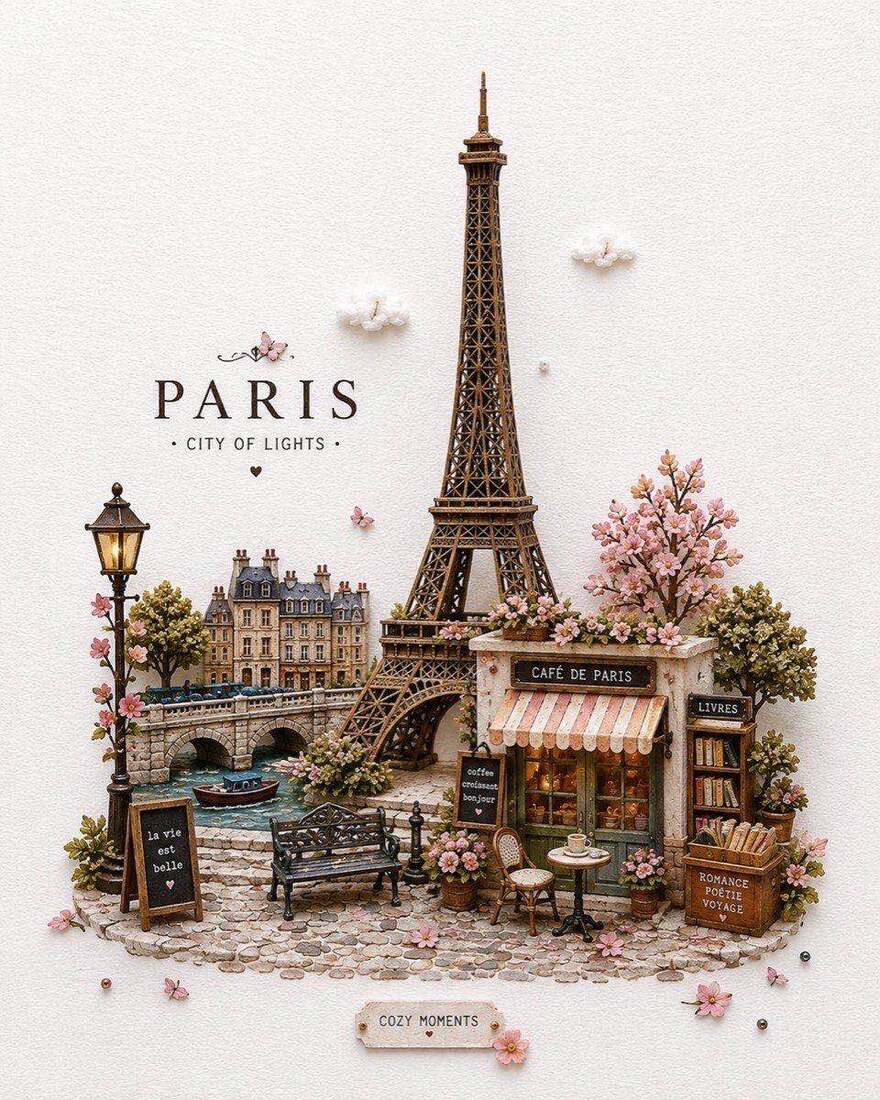 微缩城市插画俯瞰：巴黎埃菲尔铁塔街区（PARIS）