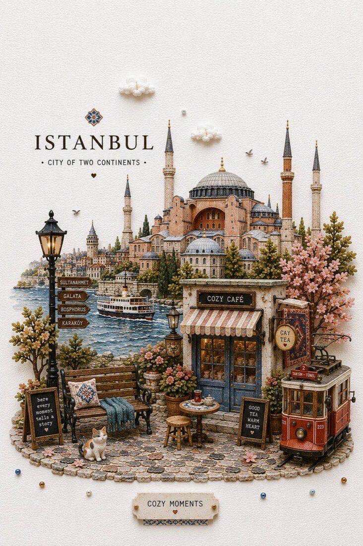 微缩城市插画俯瞰：伊斯坦布尔清真寺与海峡（ISTANBUL）