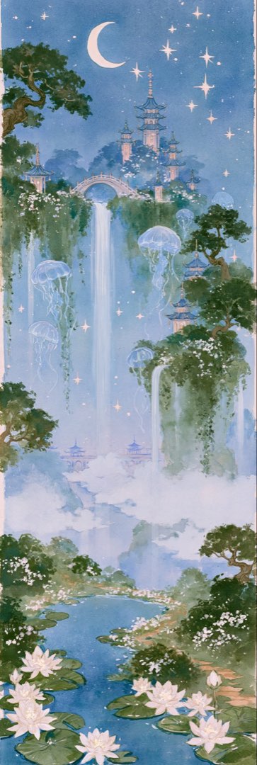 1:3 长幅淡彩样张：星月下的东方山水——瀑布自绿崖落下，透明水母悬浮其间，山间楼阁拱桥与荷塘睡莲