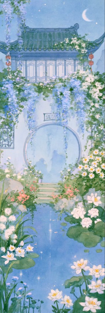 1:3 长幅淡彩样张：月夜庭院——蓝瓦亭台挂红灯笼，紫藤白花垂落圆月门，池面睡莲与雏菊