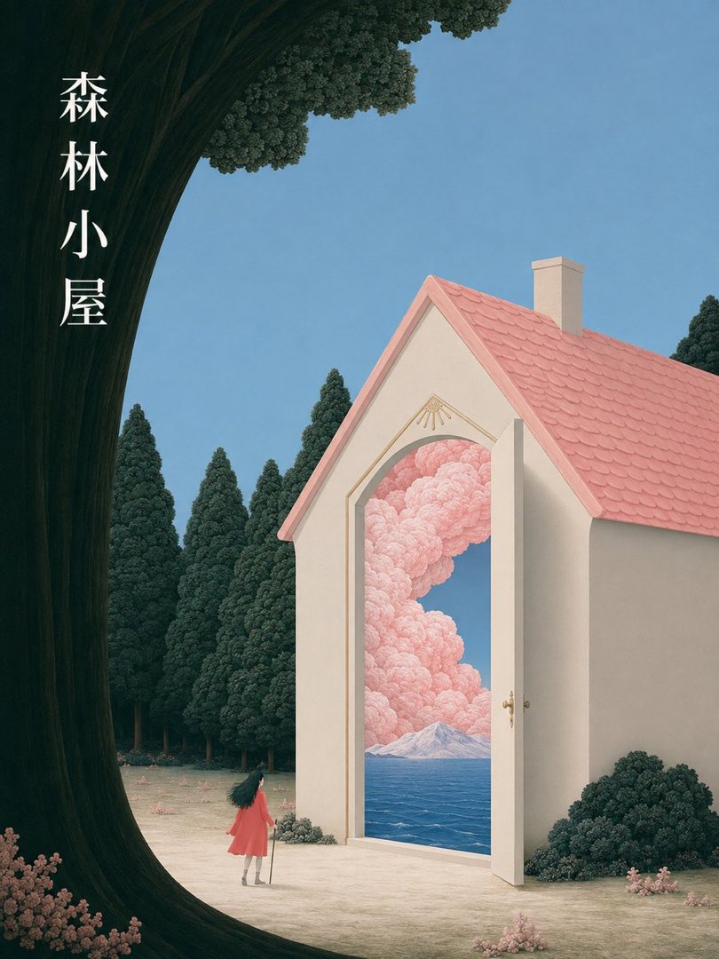 粉色系森林小屋风格化插画，树屋栈道与圆窗透出的暖光