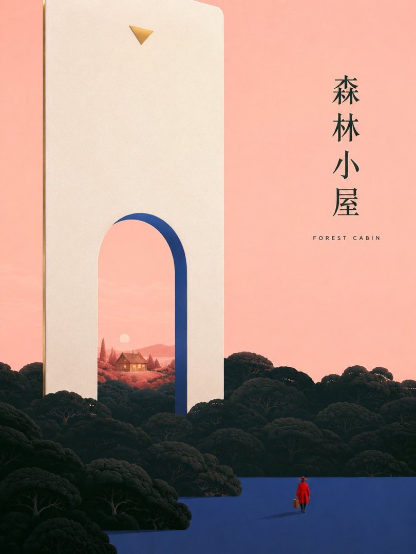 粉色系森林小屋风格化插画，夜色小屋窗户透光，林间萤火点点