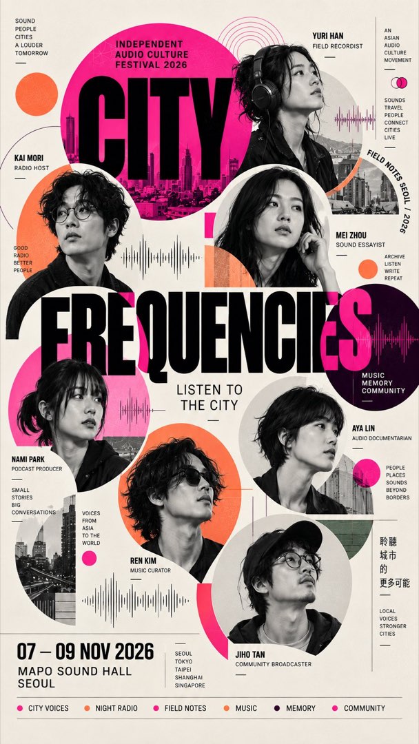 八个圆形人像互相咬合的音乐节拼贴海报，粉色大圆上压着 CITY FREQUENCIES 巨型标题，声波与城市剪影点缀其间