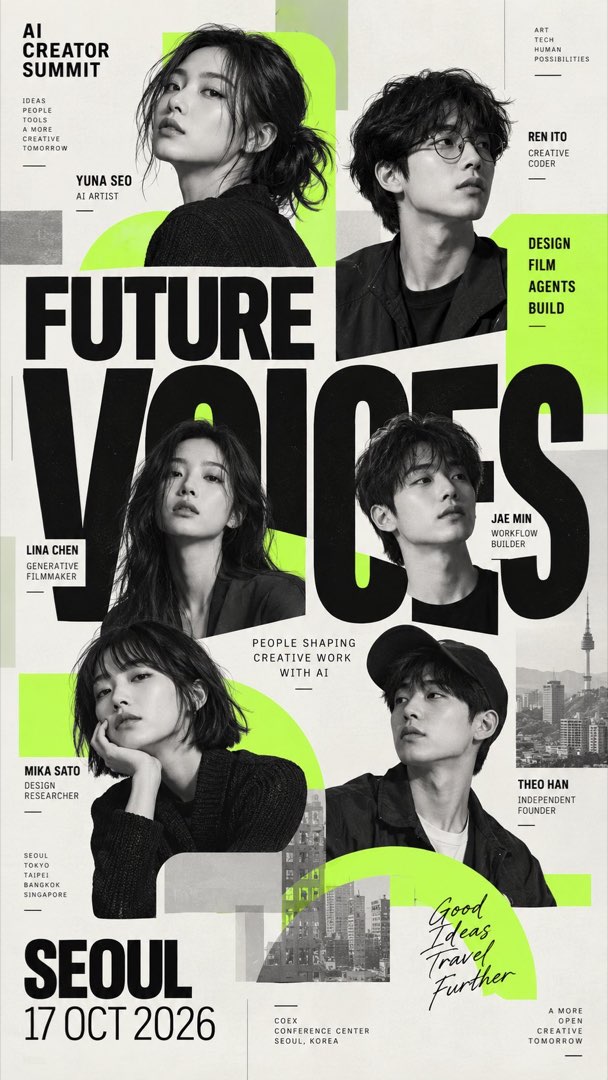 超大黑色标题 FUTURE VOICES 压过整版，六张人像与荧光绿色块在字前后分层叠放，底部标注 SEOUL 17 OCT 2026