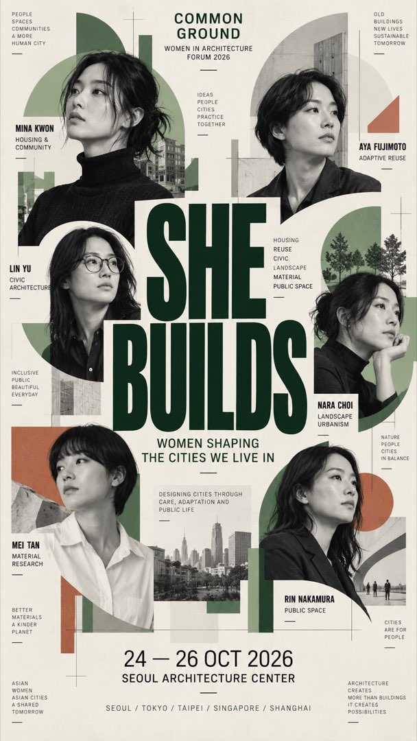 标题 SHE BUILDS 居中的建筑论坛海报，六位女性人像以拱形与半圆在两侧对称排布，绿色与陶土色几何色块