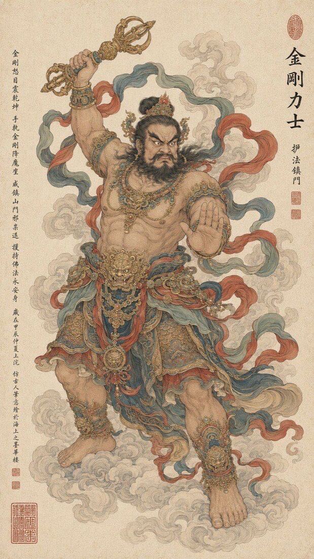 工笔重彩立轴「金刚力士」：怒目护法造像