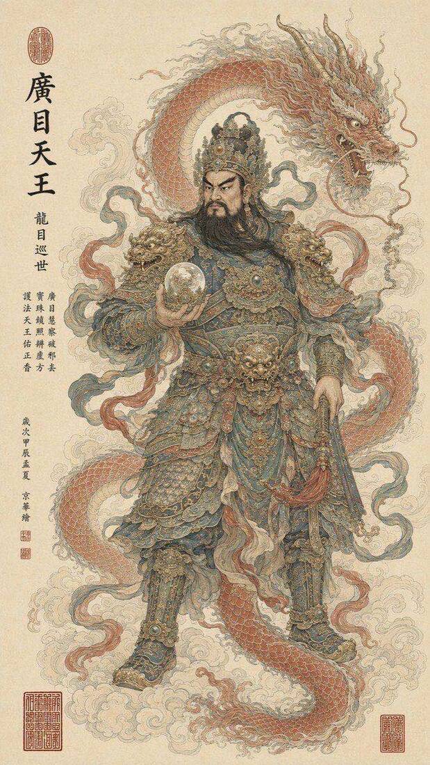 工笔重彩立轴「广目天王」：缠龙甲胄造像