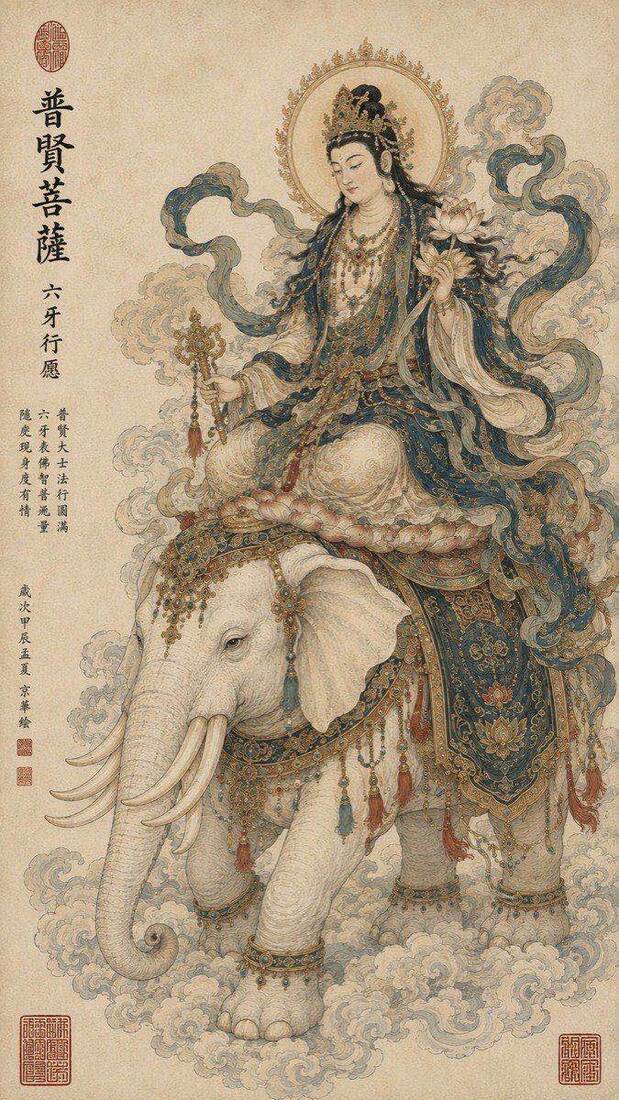 工笔重彩立轴「普贤菩萨」：白象坐骑与背光