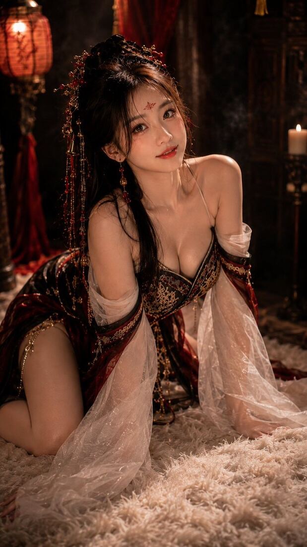 东方鬼戏古风写真：床榻帐幔间的红裙坐姿