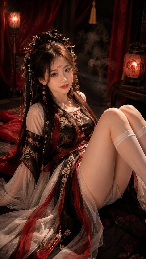 东方鬼戏古风写真：红纱幔帐间的卧姿人像