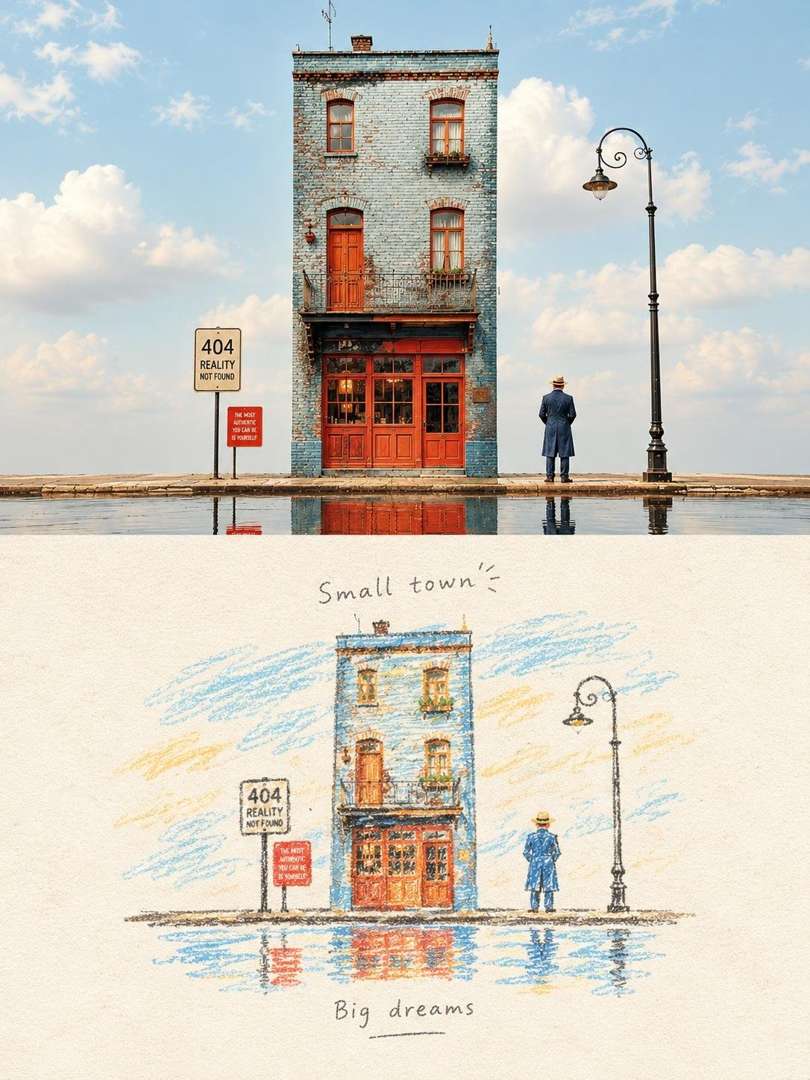 原帖效果图一：参考照片改绘成的手绘旅行日记插画，保留原图构图与建筑关系