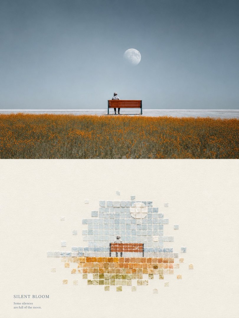 月光下的长椅与花田照片，下半为贝壳材质像素重构，配字 SILENT BLOOM