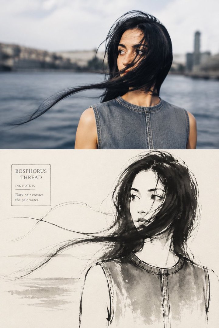上下对照卡：上是海港水色前穿无袖上衣的女子实拍，下是水墨笔记风格版本，手写边注 BOSPHORUS THREAD INK NOTE 02