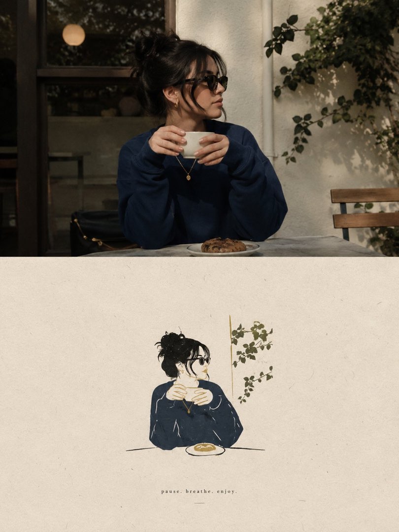 上半为咖啡店女子原照，下半为极简纸艺插画：小图居中，手写 pause. breathe. enjoy.