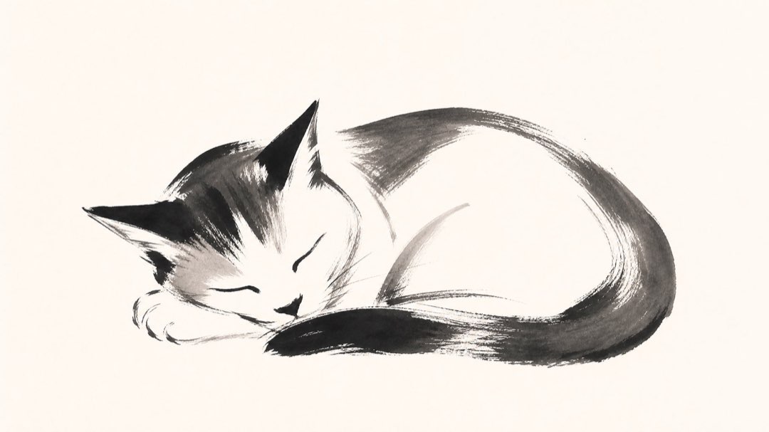 暖白底上的水墨画：一只蜷成一团熟睡的猫，身体一圈淡墨一笔带过