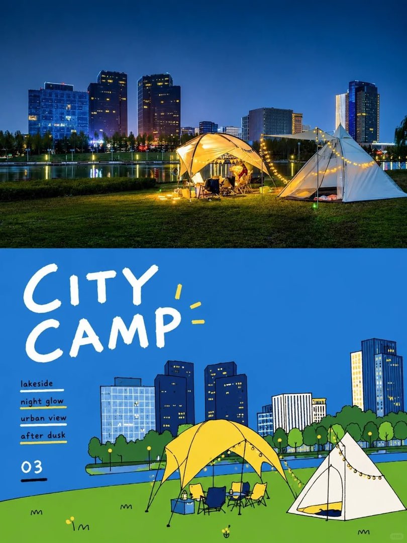 上下双联：上为夜晚湖畔城市天际线下的帐篷营地实拍，下为蓝底手绘演绎，手写标题 City Camp 与小注 lakeside、night glow、urban view、after dusk
