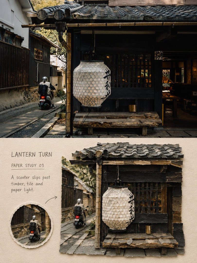 上下对照卡：上是灯笼与木屋街角、摩托驶过，下是撕纸拼贴版本，手写标题 LANTERN TURN PAPER STUDY 03